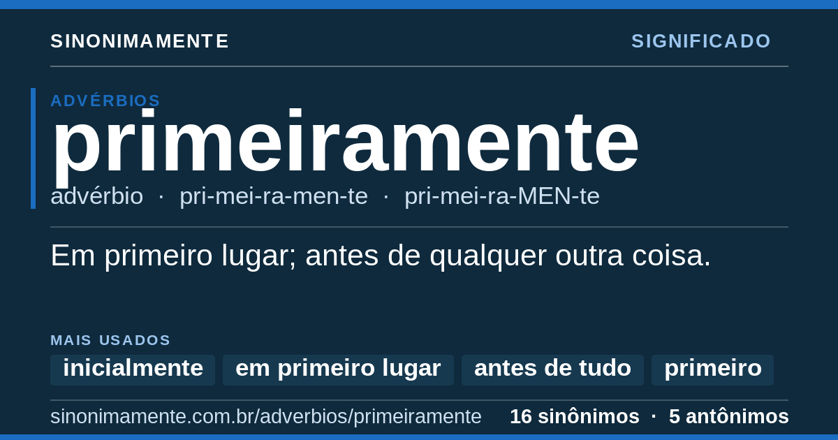 Significado de primeiramente: cartão do verbete com 16 sinônimos