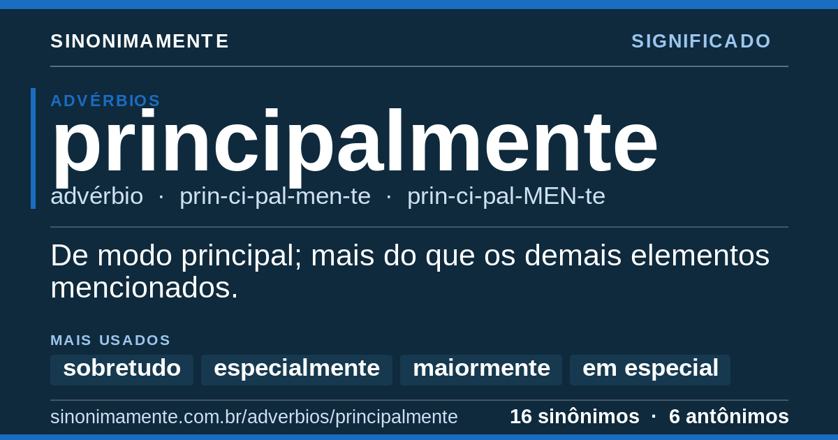 Significado de principalmente: cartão do verbete com 16 sinônimos
