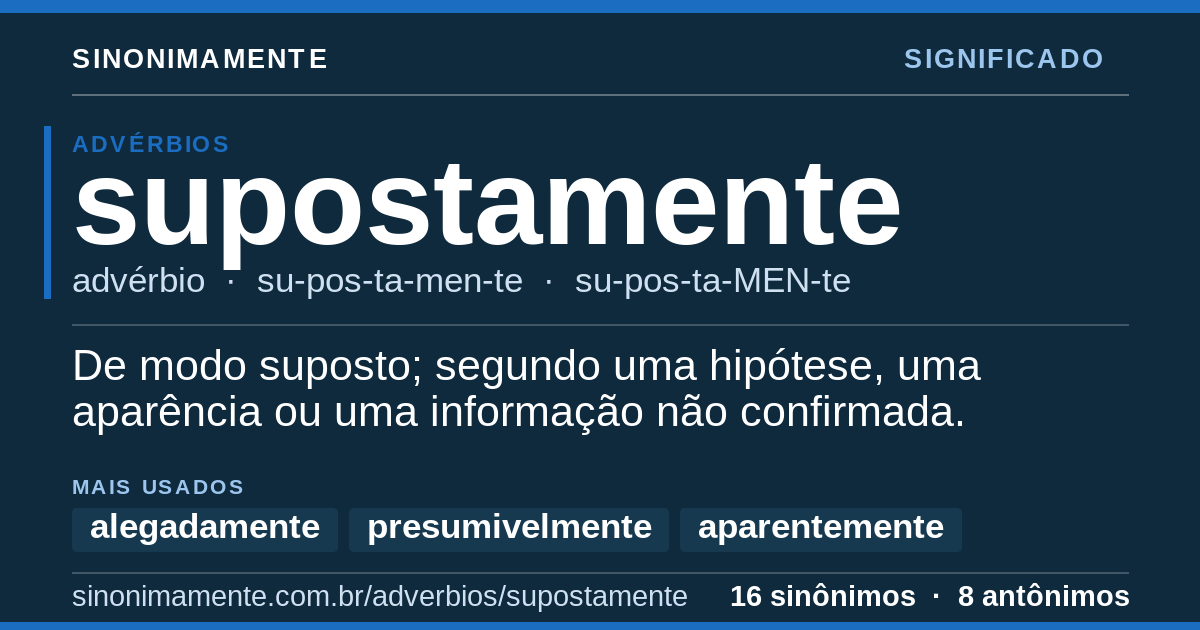 Significado de supostamente: cartão do verbete com 16 sinônimos