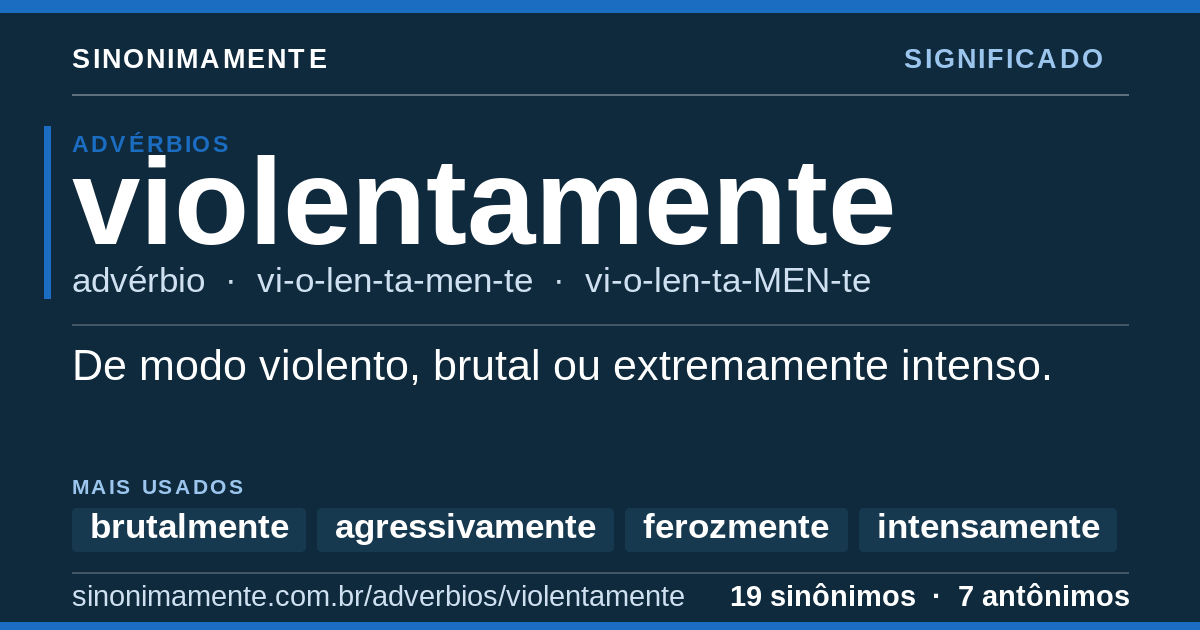 Significado de violentamente: cartão do verbete com 19 sinônimos