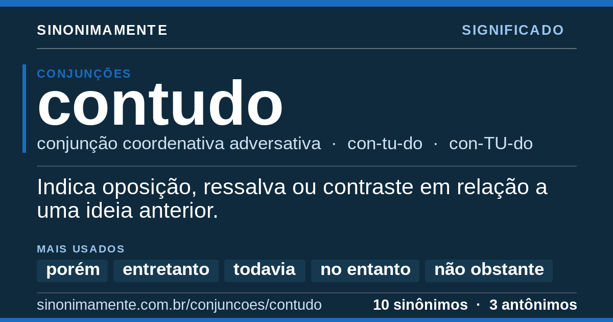 Significado de contudo: cartão do verbete com 10 sinônimos