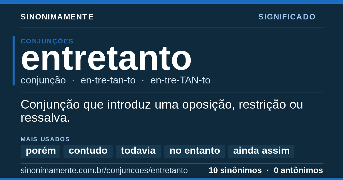 Significado de entretanto: cartão do verbete com 10 sinônimos