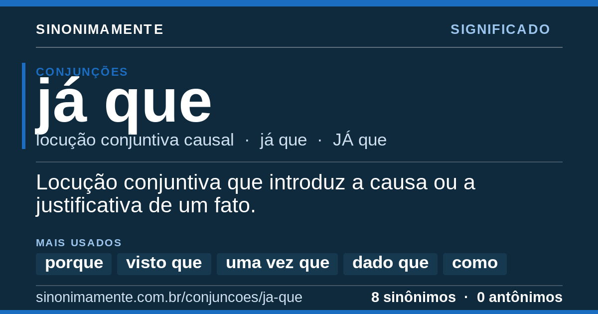 Significado de já que: cartão do verbete com 8 sinônimos