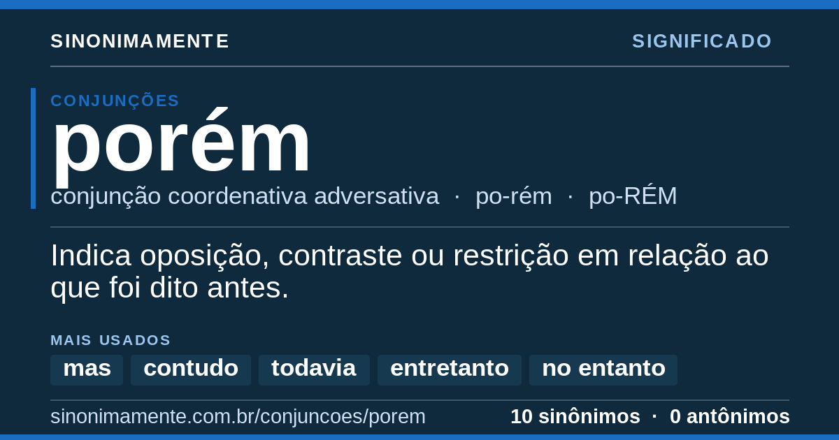 Significado de porém: cartão do verbete com 10 sinônimos