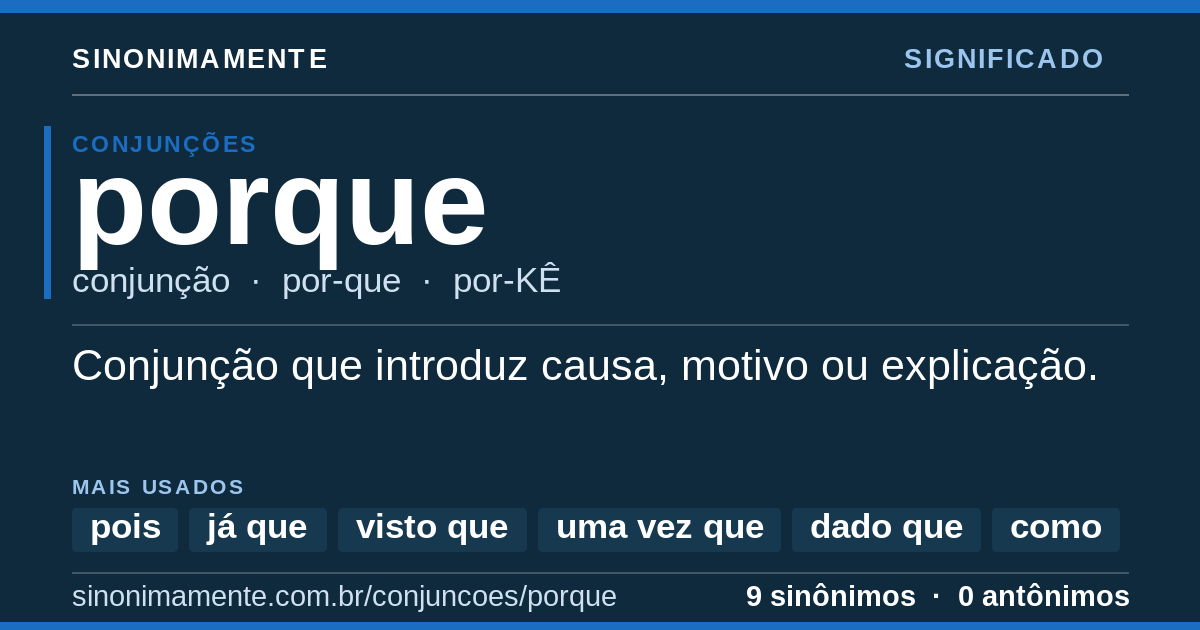 Significado de porque: cartão do verbete com 9 sinônimos