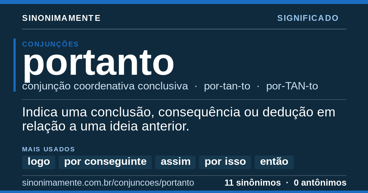 Significado de portanto: cartão do verbete com 11 sinônimos