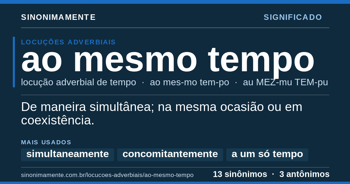Significado de ao mesmo tempo: cartão do verbete com 13 sinônimos