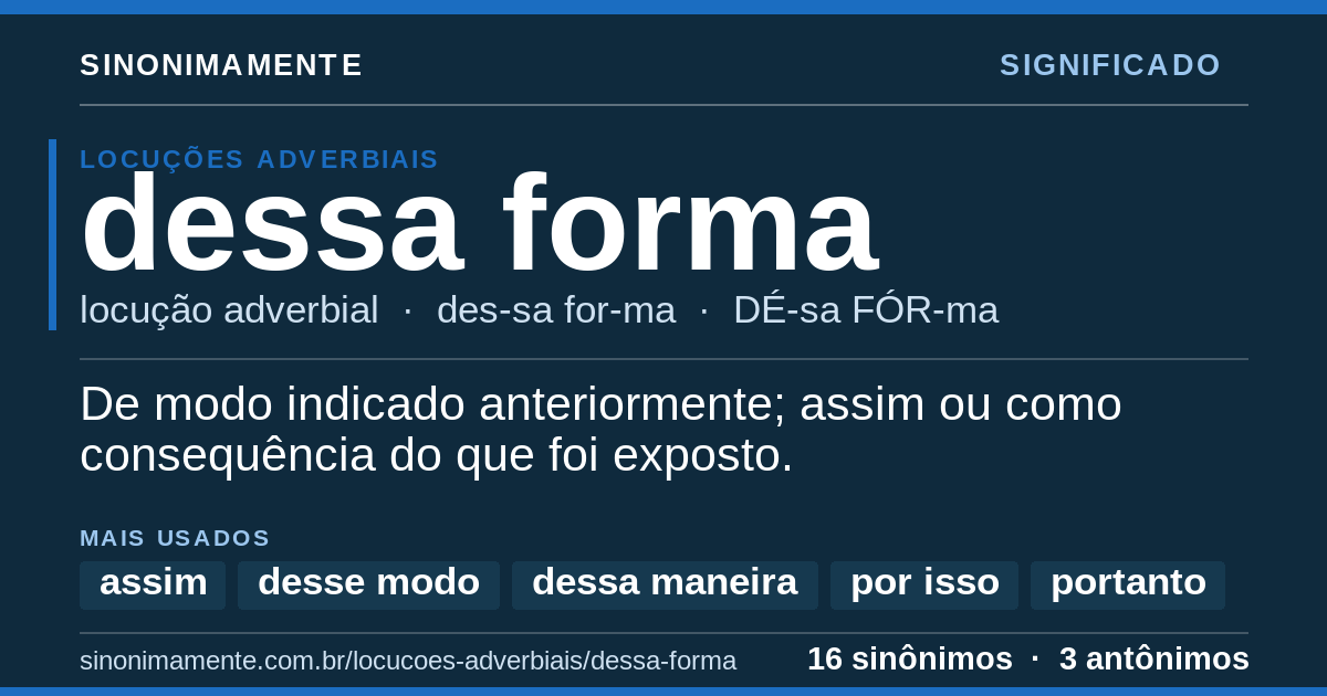 Significado de dessa forma: cartão do verbete com 16 sinônimos