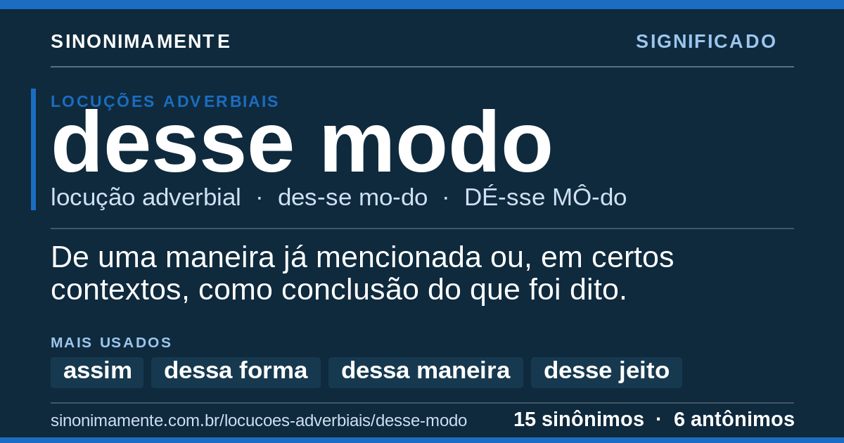 Significado de desse modo: cartão do verbete com 15 sinônimos