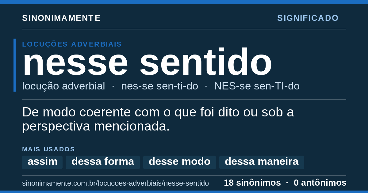 Significado de nesse sentido: cartão do verbete com 18 sinônimos