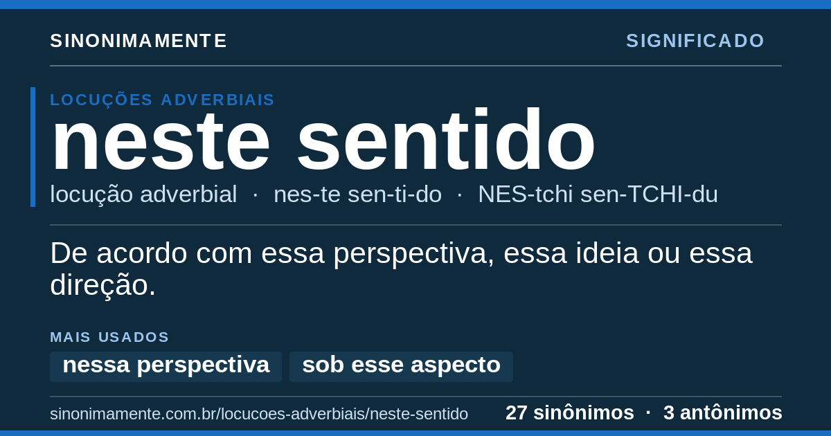 Significado de neste sentido: cartão do verbete com 27 sinônimos