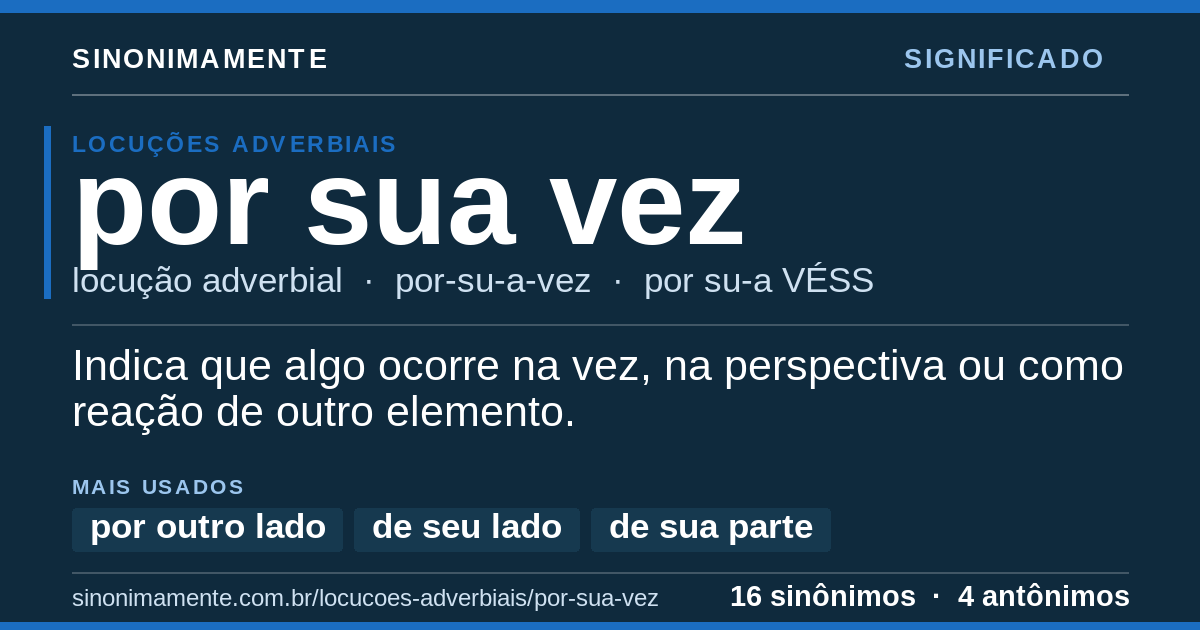 Significado de por sua vez: cartão do verbete com 16 sinônimos