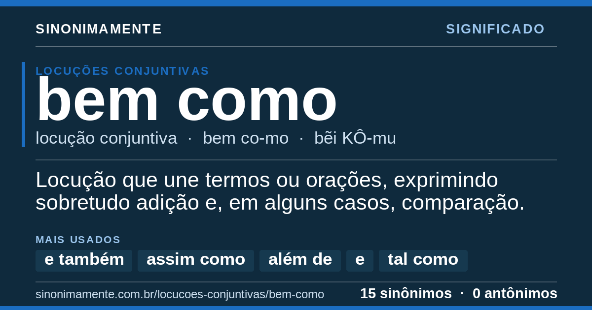 Significado de bem como: cartão do verbete com 15 sinônimos