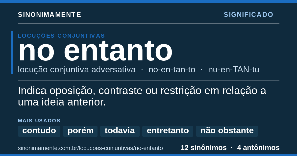 Significado de no entanto: cartão do verbete com 12 sinônimos