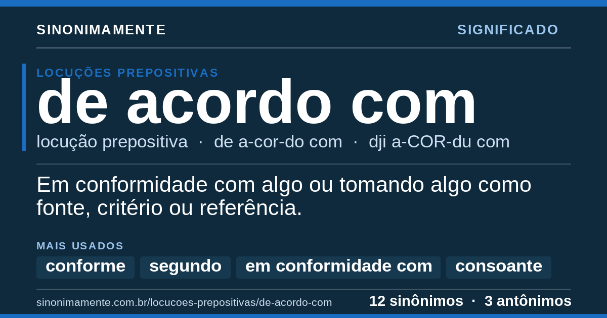 Significado de de acordo com: cartão do verbete com 12 sinônimos