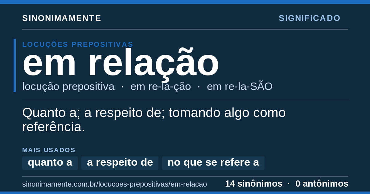 Significado de em relação: cartão do verbete com 14 sinônimos