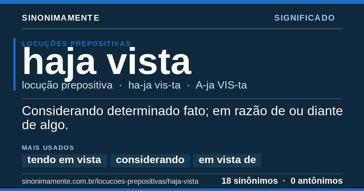 Significado de haja vista: cartão do verbete com 18 sinônimos