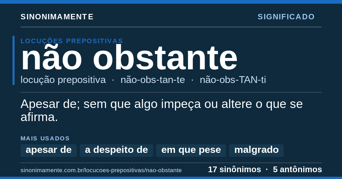 Significado de não obstante: cartão do verbete com 17 sinônimos