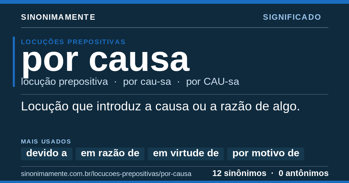 Significado de por causa: cartão do verbete com 12 sinônimos