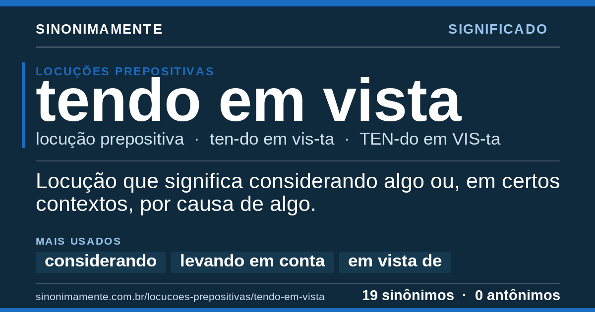 Significado de tendo em vista: cartão do verbete com 19 sinônimos