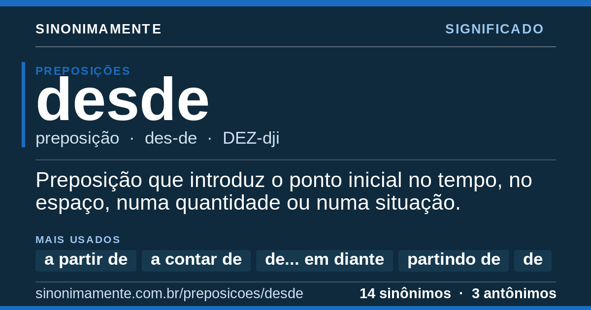 Significado de desde: cartão do verbete com 14 sinônimos