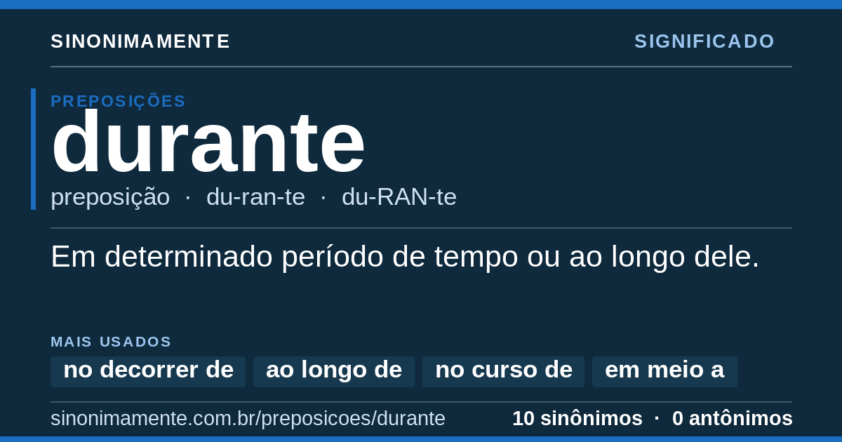 Significado de durante: cartão do verbete com 10 sinônimos
