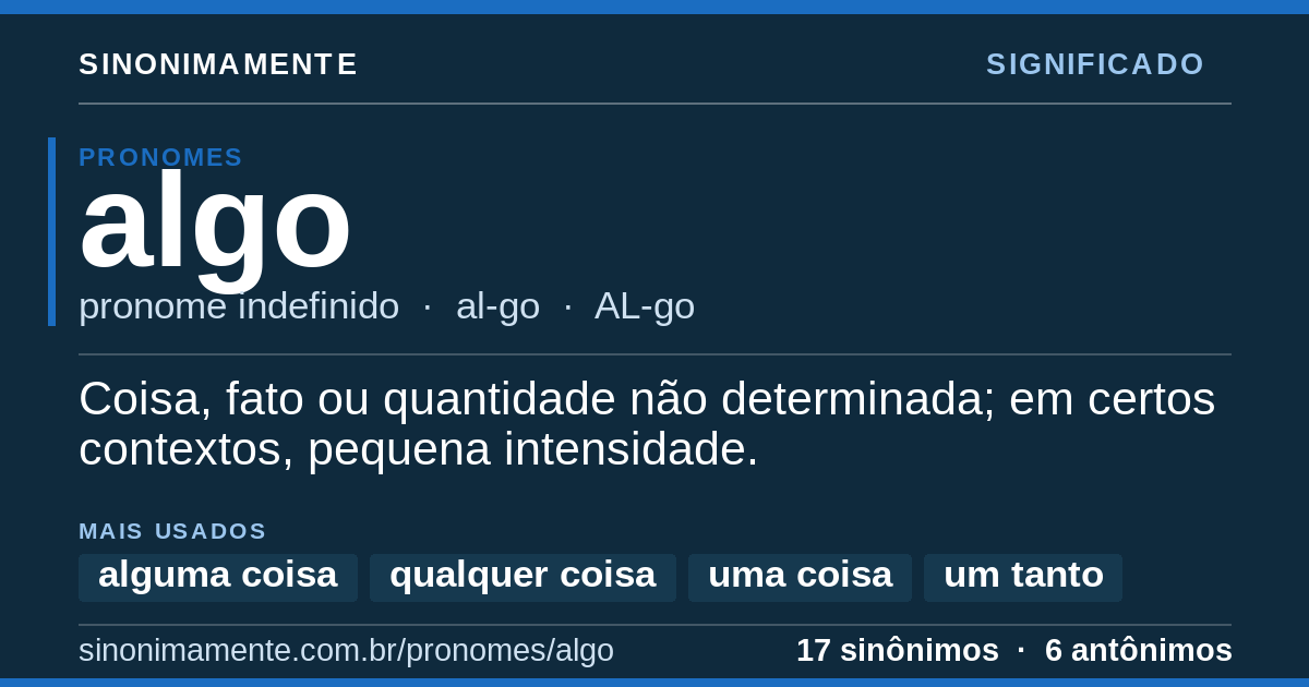 Significado de algo: cartão do verbete com 17 sinônimos
