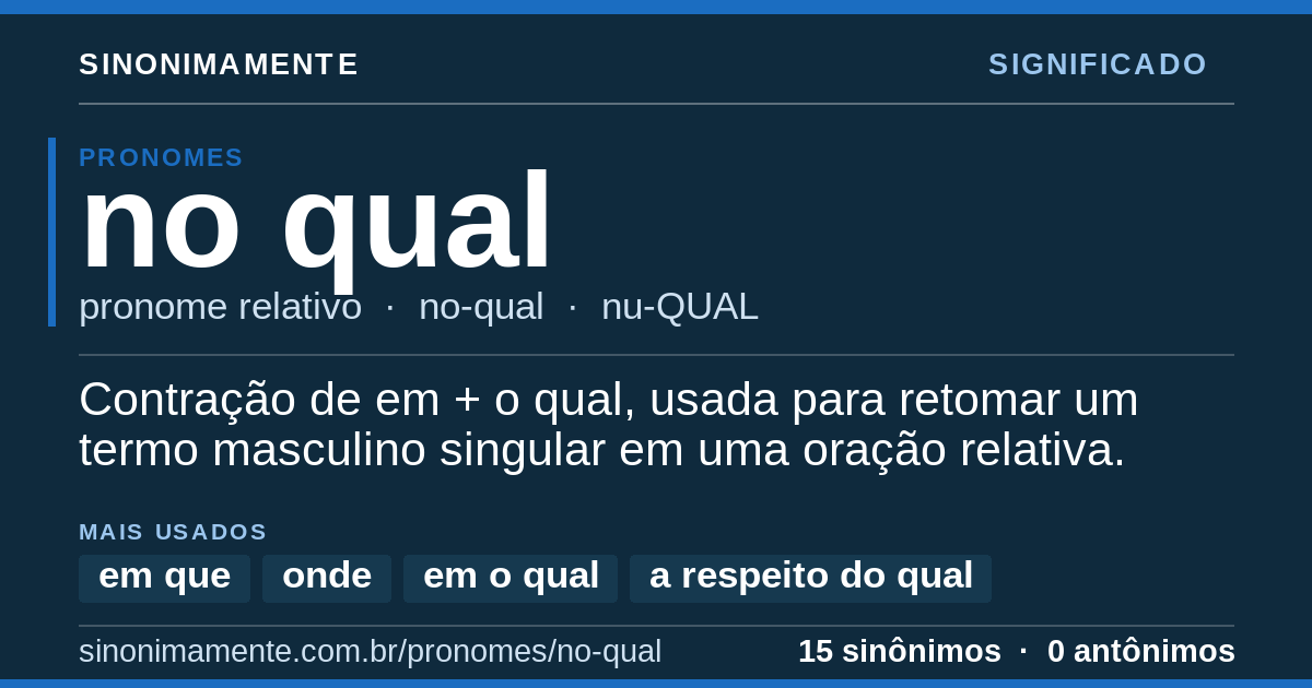 Significado de no qual: cartão do verbete com 15 sinônimos