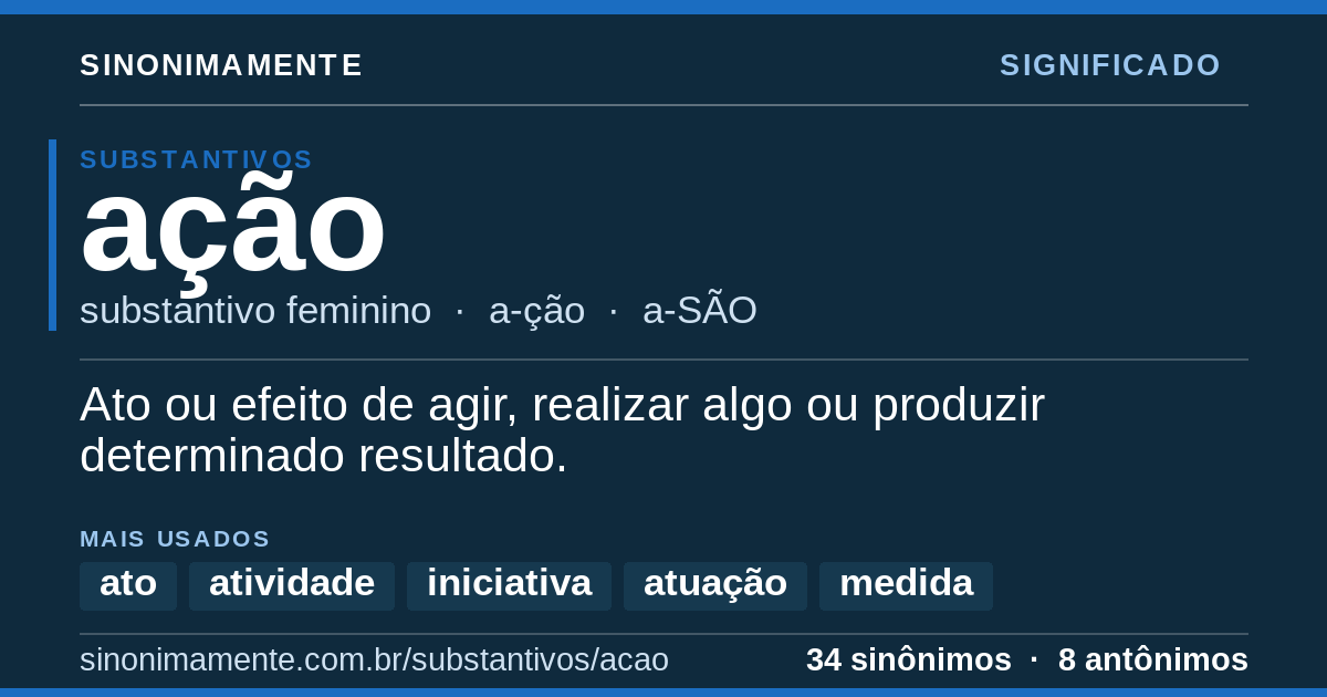 Significado de ação: cartão do verbete com 34 sinônimos