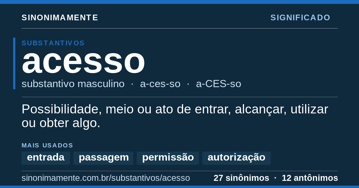 Significado de acesso: cartão do verbete com 27 sinônimos