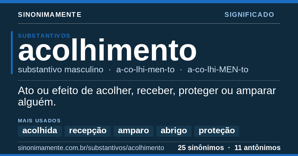 Significado de acolhimento: cartão do verbete com 25 sinônimos