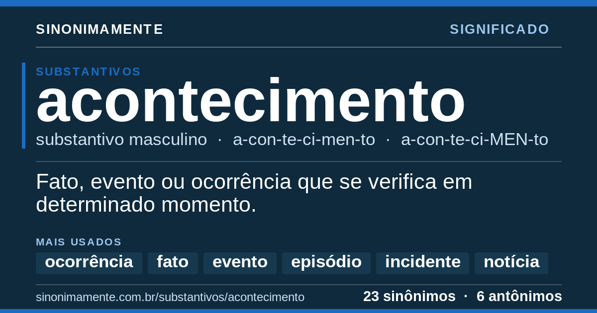Significado de acontecimento: cartão do verbete com 23 sinônimos