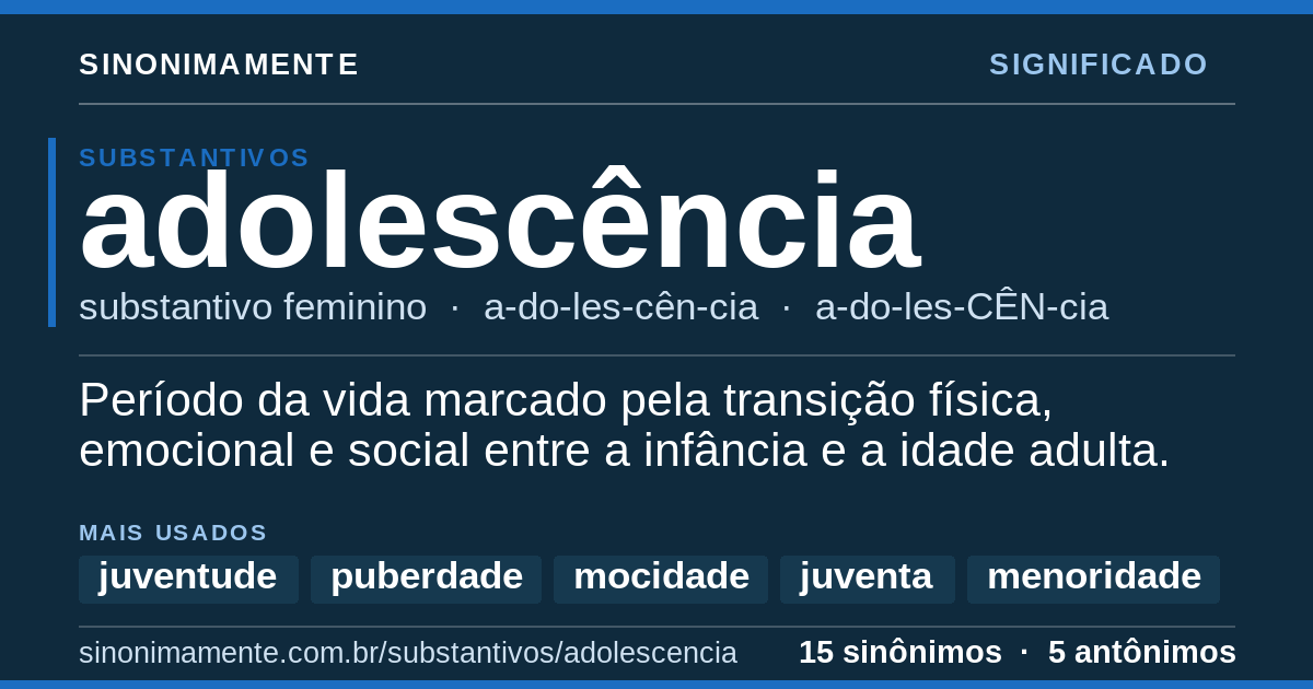 Significado de adolescência: cartão do verbete com 15 sinônimos