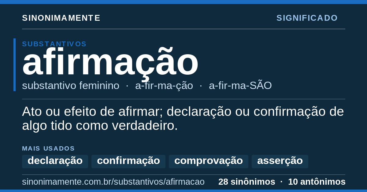 Significado de afirmação: cartão do verbete com 28 sinônimos