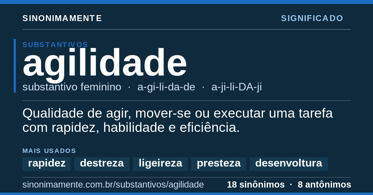 Significado de agilidade: cartão do verbete com 18 sinônimos