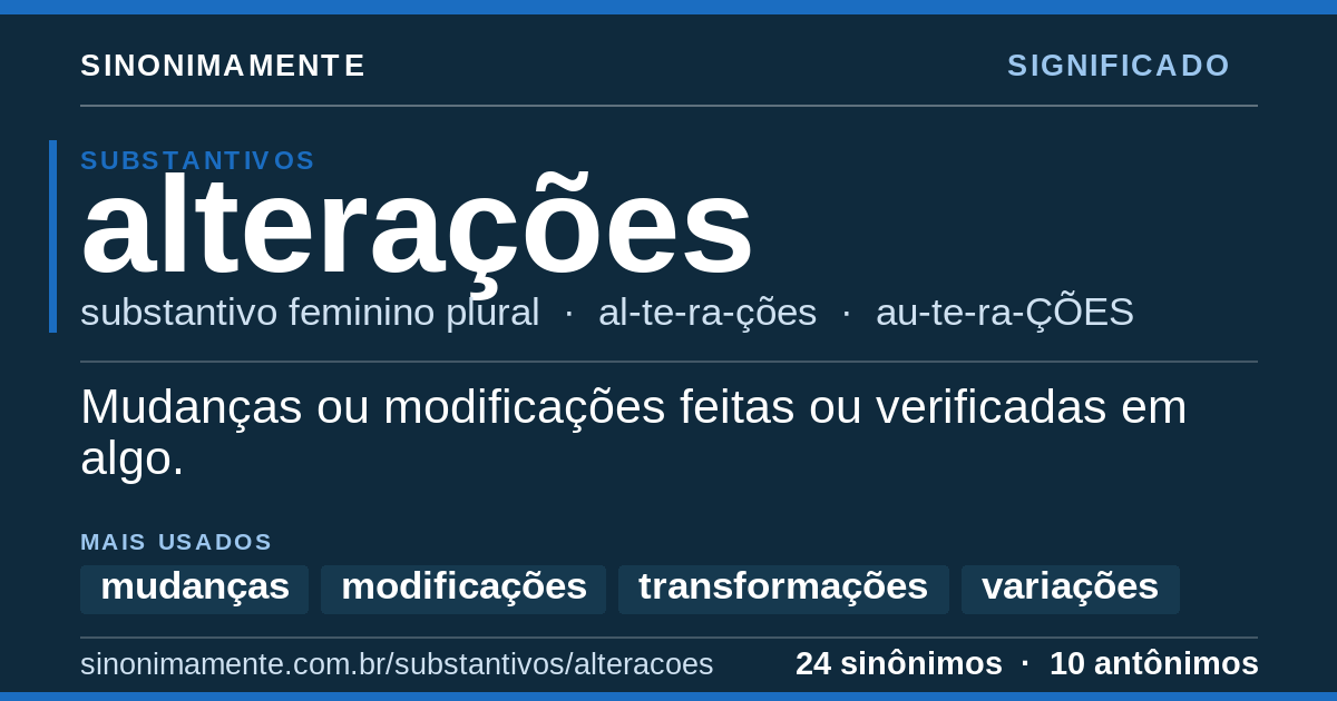 Significado de alterações: cartão do verbete com 24 sinônimos