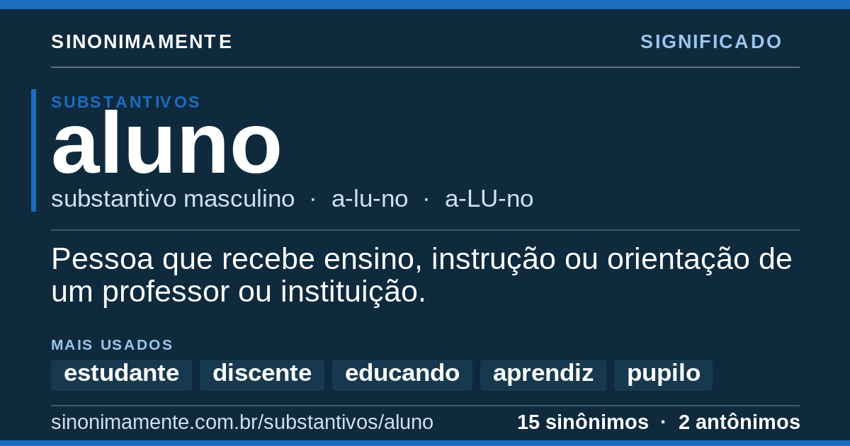 Significado de aluno: cartão do verbete com 15 sinônimos