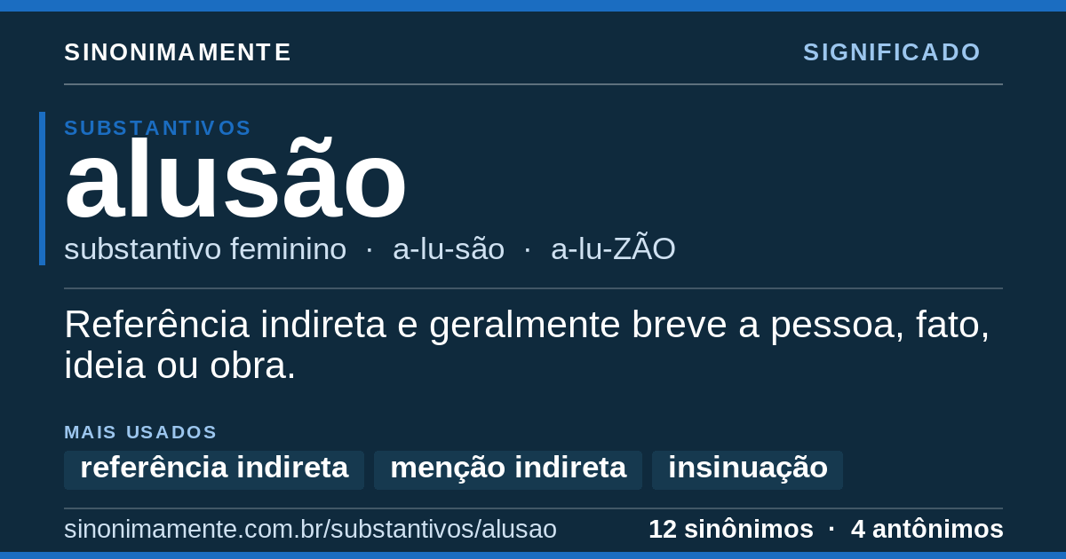 Significado de alusão: cartão do verbete com 12 sinônimos
