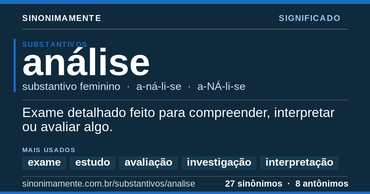 Significado de análise: cartão do verbete com 27 sinônimos