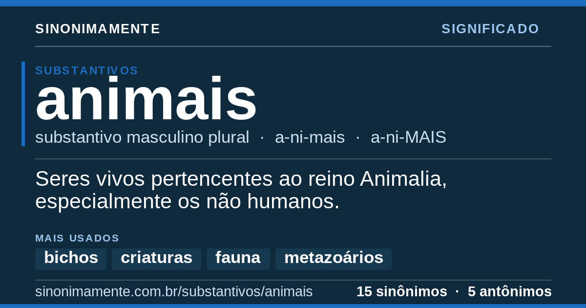 Significado de animais: cartão do verbete com 15 sinônimos