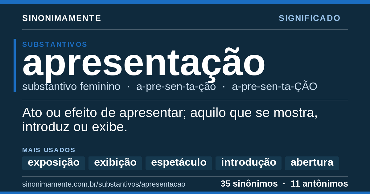 Significado de apresentação: cartão do verbete com 35 sinônimos