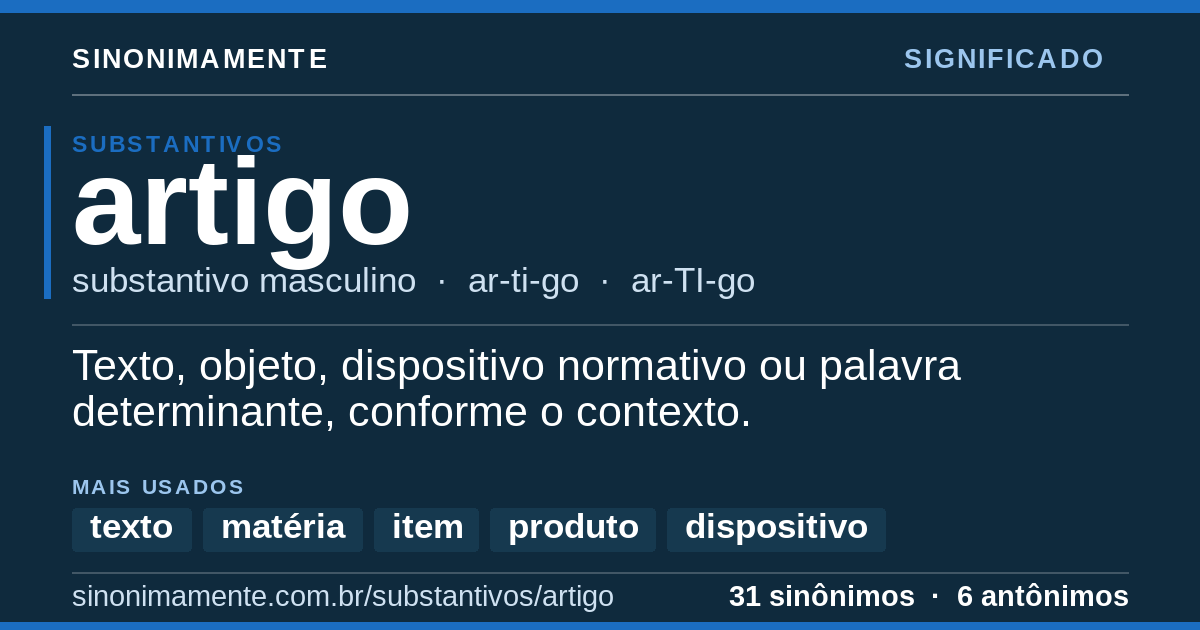Significado de artigo: cartão do verbete com 31 sinônimos