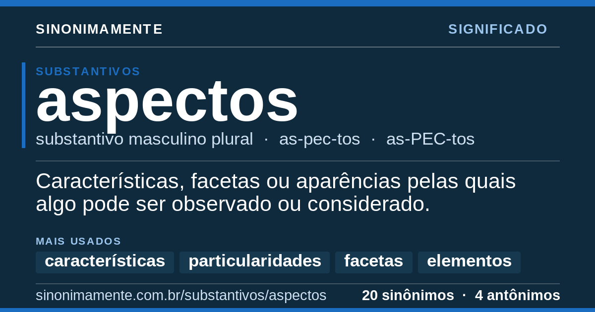 Significado de aspectos: cartão do verbete com 20 sinônimos