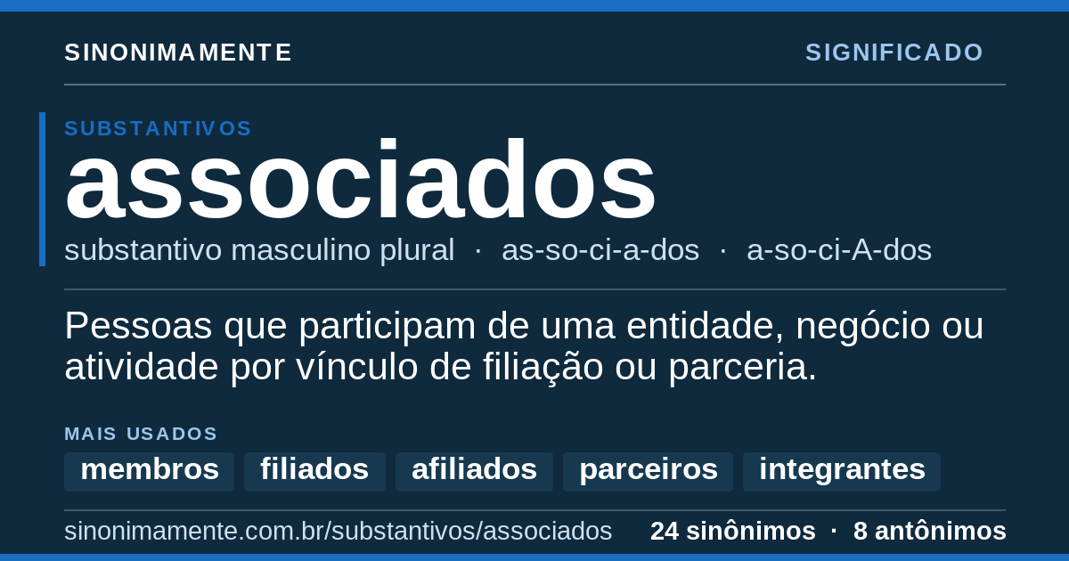 Significado de associados: cartão do verbete com 24 sinônimos