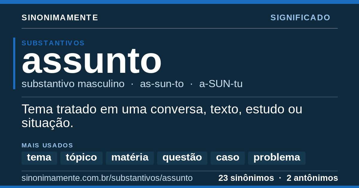Significado de assunto: cartão do verbete com 23 sinônimos