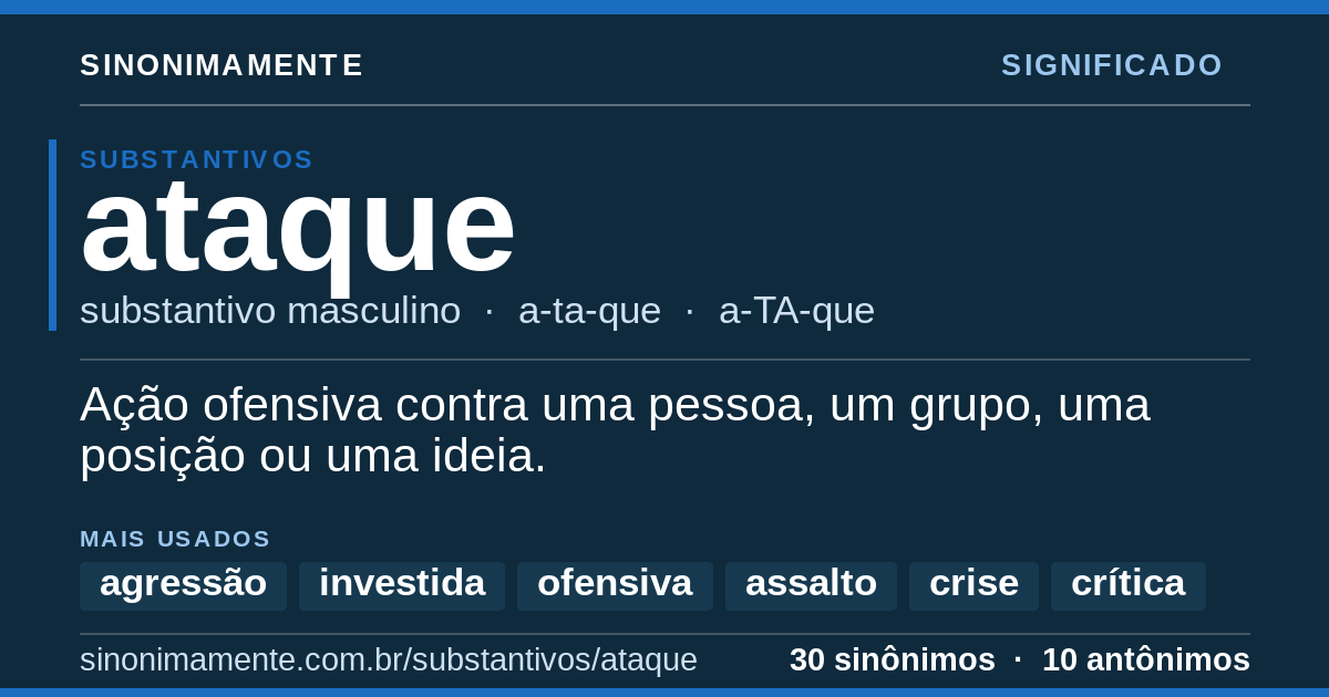 Significado de ataque: cartão do verbete com 30 sinônimos