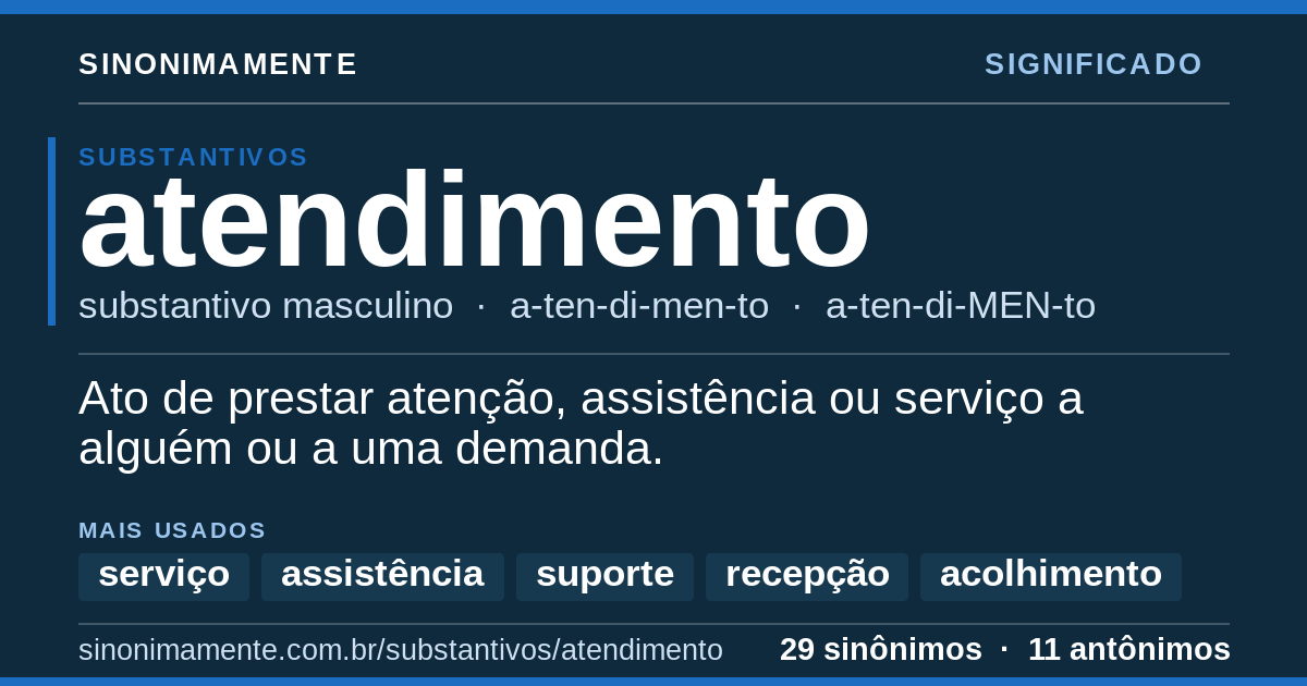 Significado de atendimento: cartão do verbete com 29 sinônimos