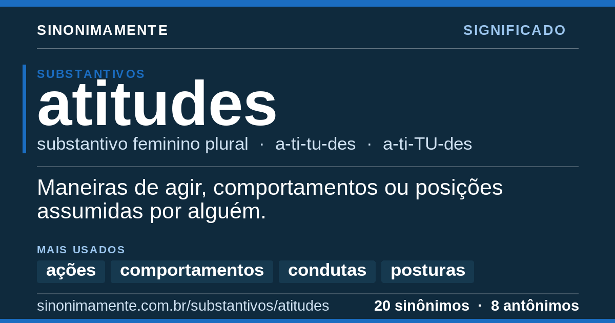 Significado de atitudes: cartão do verbete com 20 sinônimos