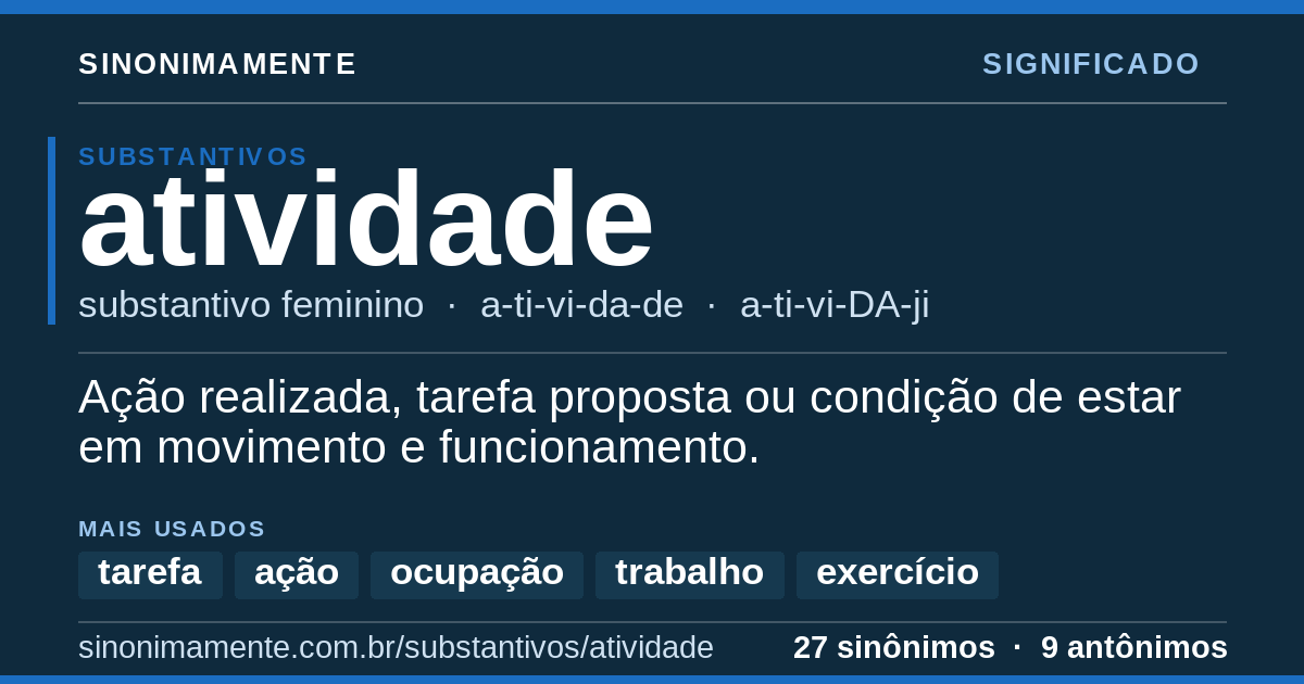Significado de atividade: cartão do verbete com 27 sinônimos