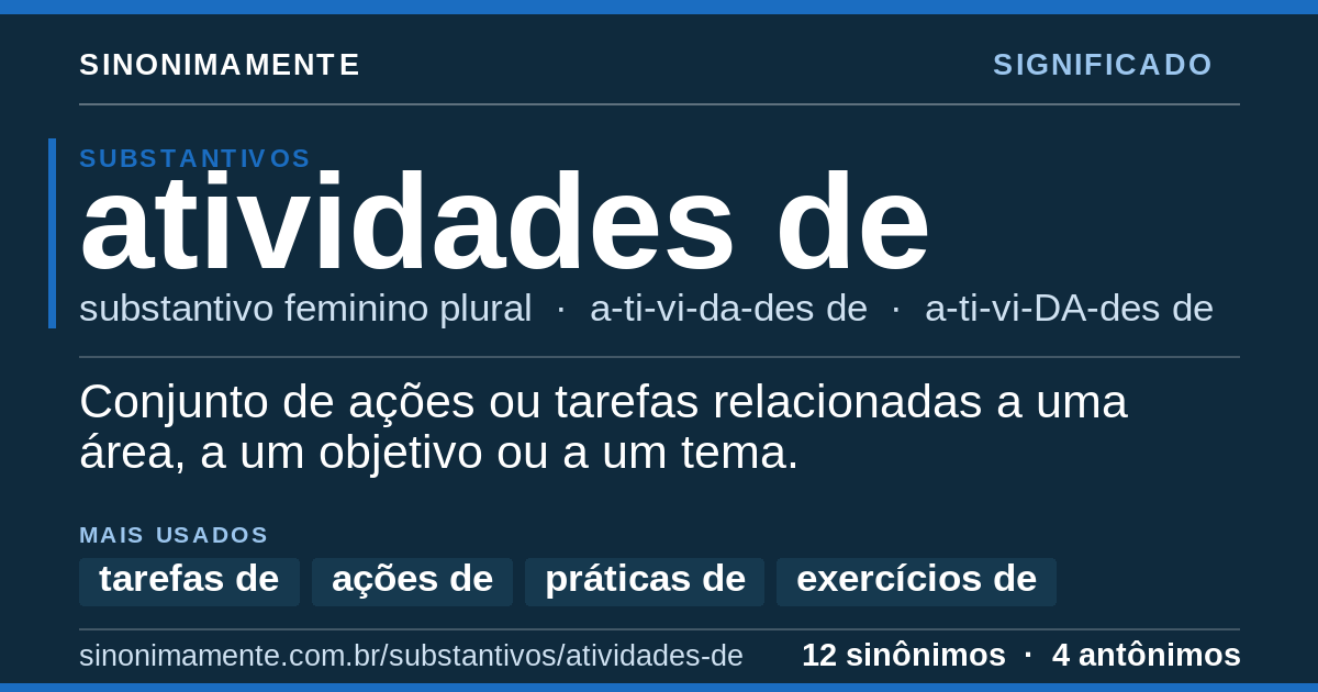 Significado de atividades de: cartão do verbete com 12 sinônimos